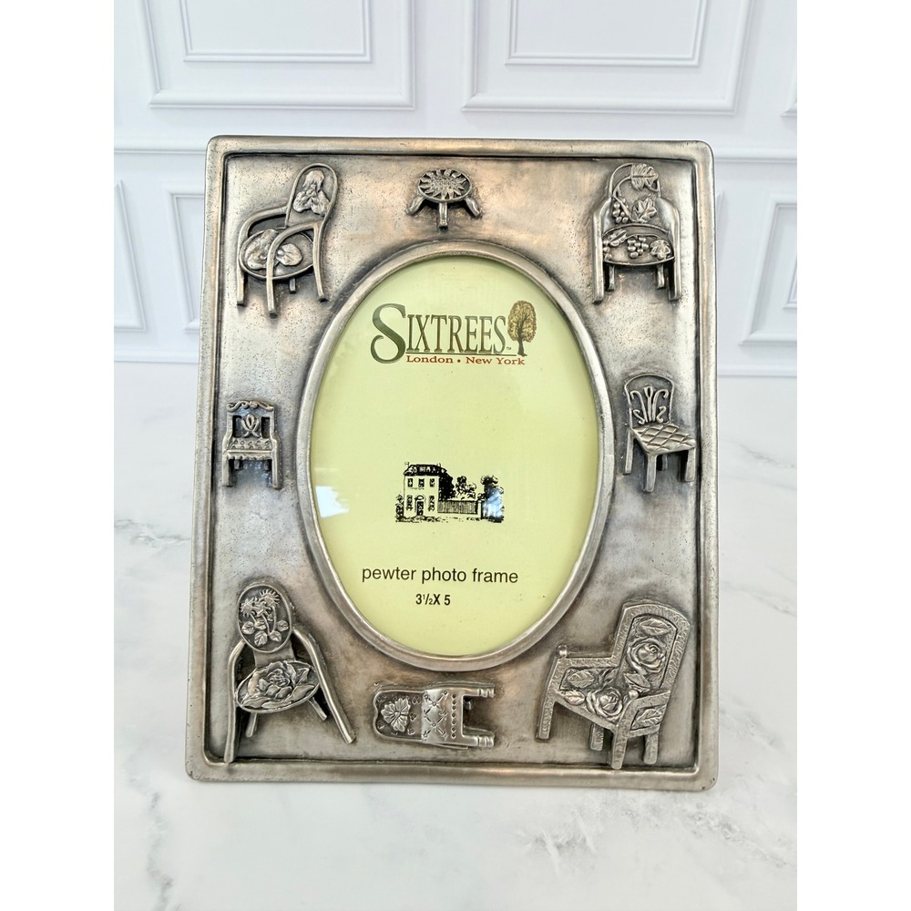 VTG 1999 Sixtree Pewter Oval Standing Photo Frame 3.5" X 5" Floral Chairs
